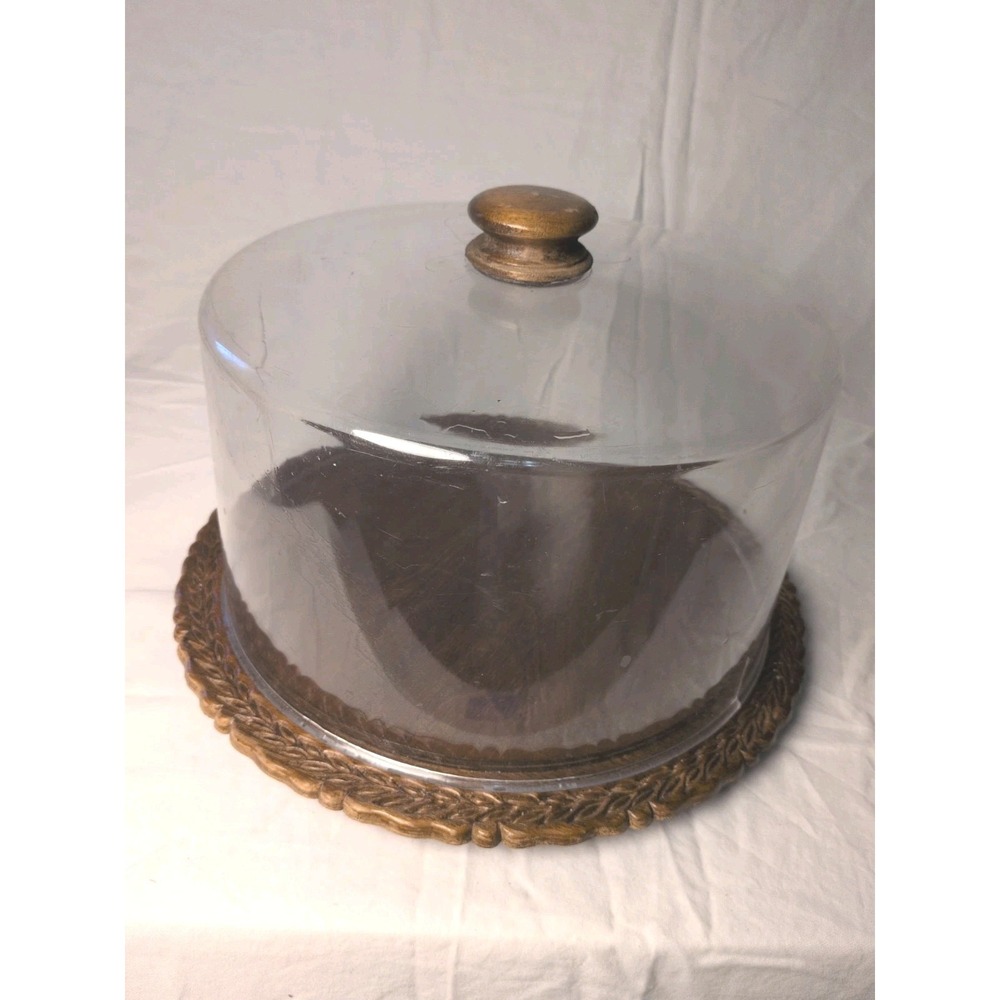 Vintage Wooden Cake Stand Dessert Pedestal with Clear Plastic Dome Lid – Rustic